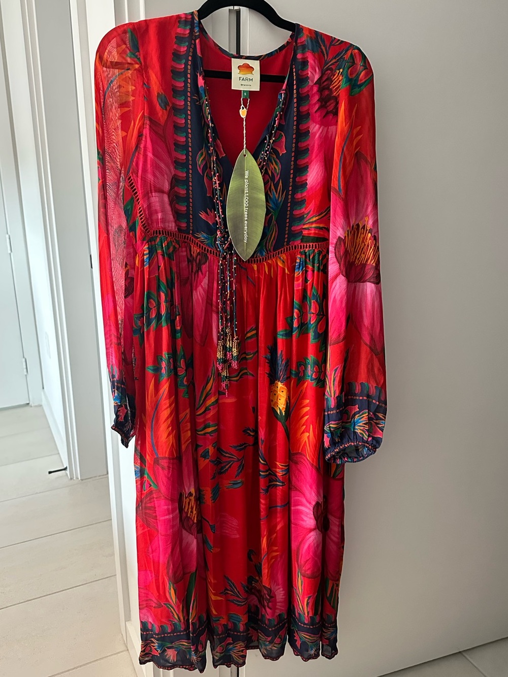 FARM Rio Red Floral Long-Sleeve Midi Dress - New With Tags